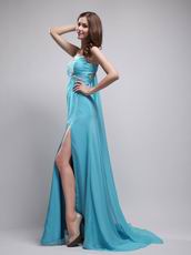 Watteau Aqua Dress With One Shoulder Skirt For Evening