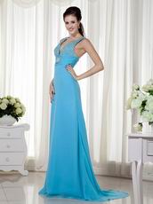 Beautiful Dodger Blue Evening Dress Wth V Neck Design