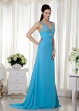 Beautiful Dodger Blue Evening Dress Wth V Neck Design