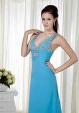 Beautiful Dodger Blue Evening Dress Wth V Neck Design