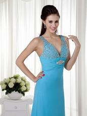 Beautiful Dodger Blue Evening Dress Wth V Neck Design