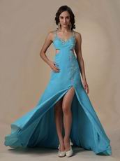 Spaghetti Straps Cross Back Side Split Aqua Woman In Prom Dress