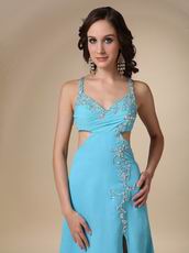 Spaghetti Straps Cross Back Side Split Aqua Woman In Prom Dress