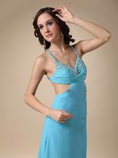 Spaghetti Straps Cross Back Side Split Aqua Woman In Prom Dress