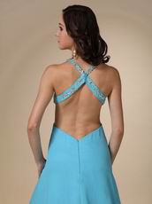 Spaghetti Straps Cross Back Side Split Aqua Woman In Prom Dress