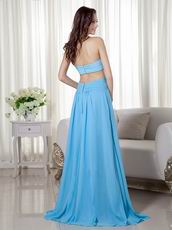 Aqua Blue Split Chiffon Floor Length Designer Prom Dress