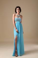 Beaded Exposed Aqua Chiffon Prom Dress With Show Leg Split