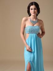 Beaded Exposed Aqua Chiffon Prom Dress With Show Leg Split