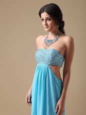 Beaded Exposed Aqua Chiffon Prom Dress With Show Leg Split