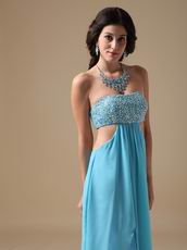 Beaded Exposed Aqua Chiffon Prom Dress With Show Leg Split