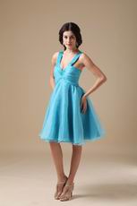 Straps V-neck Knee-length Aqua Organza Short Prom Dress