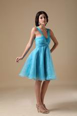 Straps V-neck Knee-length Aqua Organza Short Prom Dress
