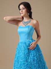 Strapless Rolled Fabric Flower Dodger Blue Prom Dress Cheap