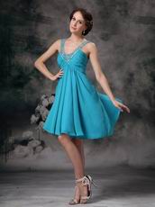 V-neck Mini-length Dodger Blue Chiffon Short Prom Dress