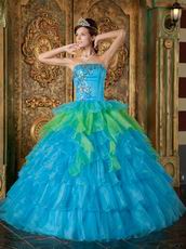 Azure With Spring Green Contrast Layers Skirt Quinceanera Dress