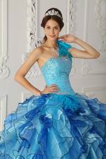 Multi Color Ruffled Cascade Skirt Sky Blue Quinceanera Dress