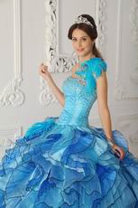 Multi Color Ruffled Cascade Skirt Sky Blue Quinceanera Dress