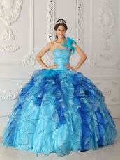 Multi Color Ruffled Cascade Skirt Sky Blue Quinceanera Dress