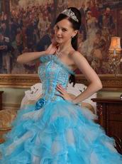 Aqua And White Interphase Ruffles Dama Quinceanera Dress