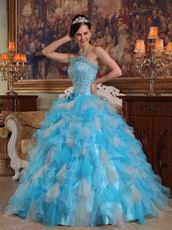 Aqua And White Interphase Ruffles Dama Quinceanera Dress