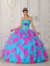 Strapless Hot Pink And Aqua Ruffle Skirt Quinceanera Gown