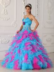 Strapless Hot Pink And Aqua Ruffle Skirt Quinceanera Gown