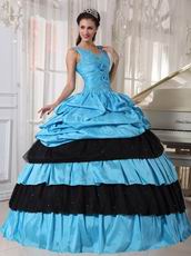 V Neckline Cheap Sky Blue Quinceanera Dress With Black