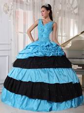 V Neckline Cheap Sky Blue Quinceanera Dress With Black