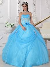 Handmade Flower Emberllish Evening Ball Gown In Auqa