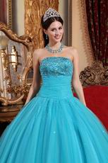 Beaded Strapless Aqua Blue Quinceanera Gown Tulle Fabric