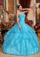 Cheap Aqua Blue Organza 2014 Prom Quinceanera Gown