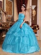 Cheap Aqua Blue Organza 2014 Prom Quinceanera Gown