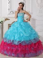 Aqua Blue and Deep Pink Cascade Skirt Quinceanera Dress