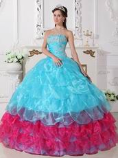 Aqua Blue and Deep Pink Cascade Skirt Quinceanera Dress