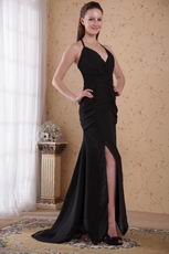 New Arrival Halter Deep V-neck Side Split Black Prom Dress Back Cut Out