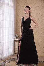 New Arrival Halter Deep V-neck Side Split Black Prom Dress Back Cut Out