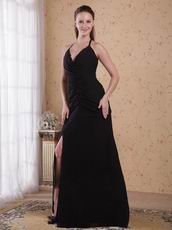 New Arrival Halter Deep V-neck Side Split Black Prom Dress Back Cut Out