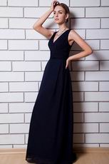 Decent V-neck Navy Blue Chiffon Skirt Formal Ocassion Dress