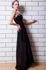 One Shoulder Beaded Strap Black Chiffon Evening Dress