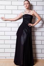 One Shoulder Beaded Strap Black Chiffon Evening Dress