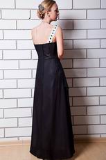 One Shoulder Beaded Strap Black Chiffon Evening Dress