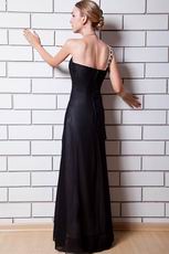 One Shoulder Beaded Strap Black Chiffon Evening Dress