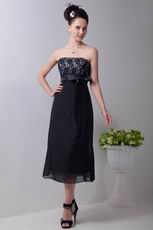 Custom Black Chiffon Tea Length Evening Dress With Lace