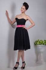 Black Short Chiffon Fall Bridesmaid Dress With Pink Sash