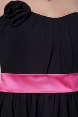 Black Short Chiffon Fall Bridesmaid Dress With Pink Sash