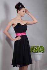 Black Short Chiffon Fall Bridesmaid Dress With Pink Sash