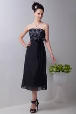 Custom Black Tea Length Bridesmaid Dress With Lace