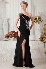 Best One Shoulder Side Crystals Black Chiffon Evening Dress