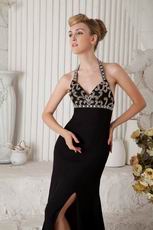 Cheap Halter Split Embellish Black Chiffon Evening Dress