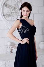 Affordable One Shoulder Navy Blue Chiffon La Femme Prom Dress